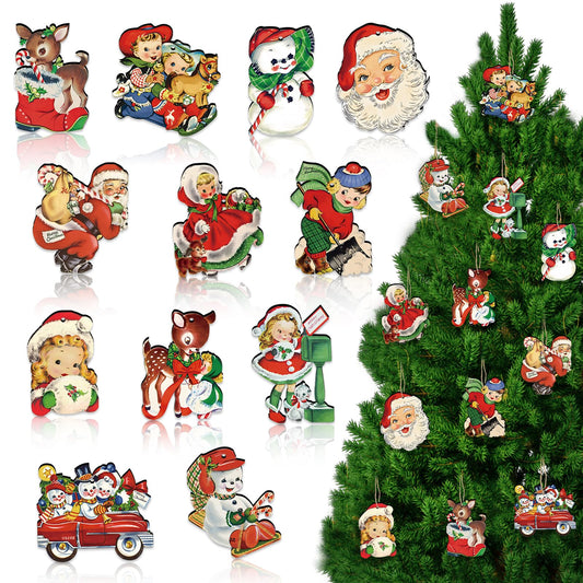 36pcs Vintage Christmas Ornaments for Tree Decorations – Wooden Retro Ornaments Cutouts with Girl, Snowman, Santa, Reindeer Christmas Decor for Xmas Tree, Home, Office