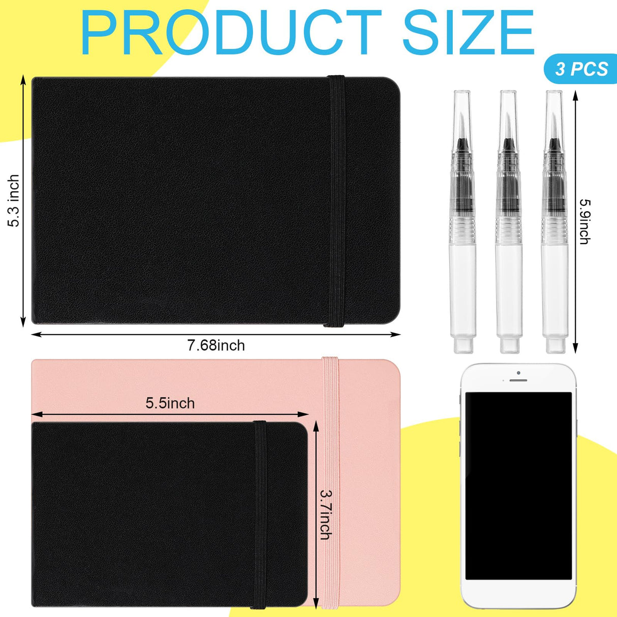 Teling 2 Pcs Watercolor Paper Sketchbook with 3 Pcs Watercolor Brush Pens, Small Portable Sketchbook Journal Pocket Notebook Travel for Painters Art Supplies(7.6 x 5.3 Inch) Teling