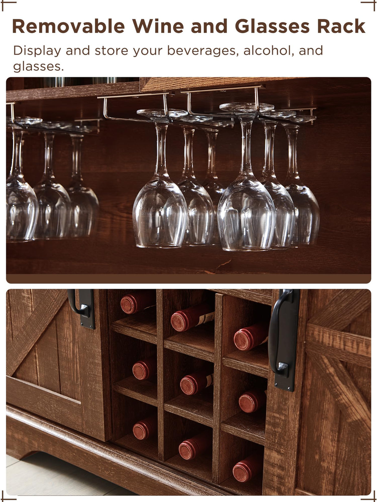 OKD 72" Farmhosue Bar Cabinet with Sliding Barn Door, Large Kitchen Buffet with Hutch w/Wine & Glasses Rack, 3 Drawers, 12 Storage Shelves, Rustic Coffee Bar Sideboard Table, Reclaimed Barnwood OKD