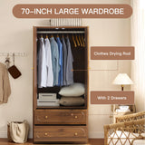 Fluted Freestanding Armoire Wardrobe Closet with 2 Doors and 2 Storage Drawers, Large Capacity Wardrobe Cabinet, Wooden Closet for Bedroom, Living Room - Walnut ORRD