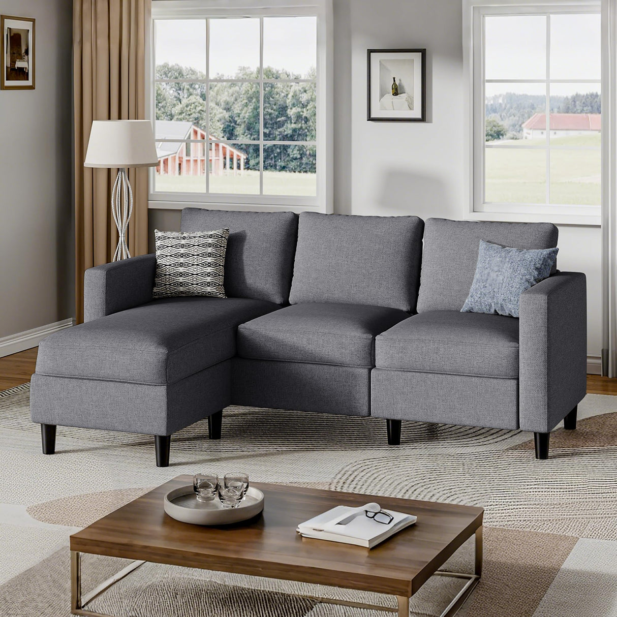 Shintenchi Small Sectional Sofa Couch, 3 Seat L Shaped Couches with Ottoman, Upholstered Fabric Convertible Sofa, Small Couch for Apartments, Living Room and Office (Dark Grey) Shintenchi