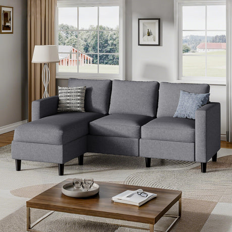 Shintenchi Small Sectional Sofa Couch, 3 Seat L Shaped Couches with Ottoman, Upholstered Fabric Convertible Sofa, Small Couch for Apartments, Living Room and Office (Dark Grey) Shintenchi