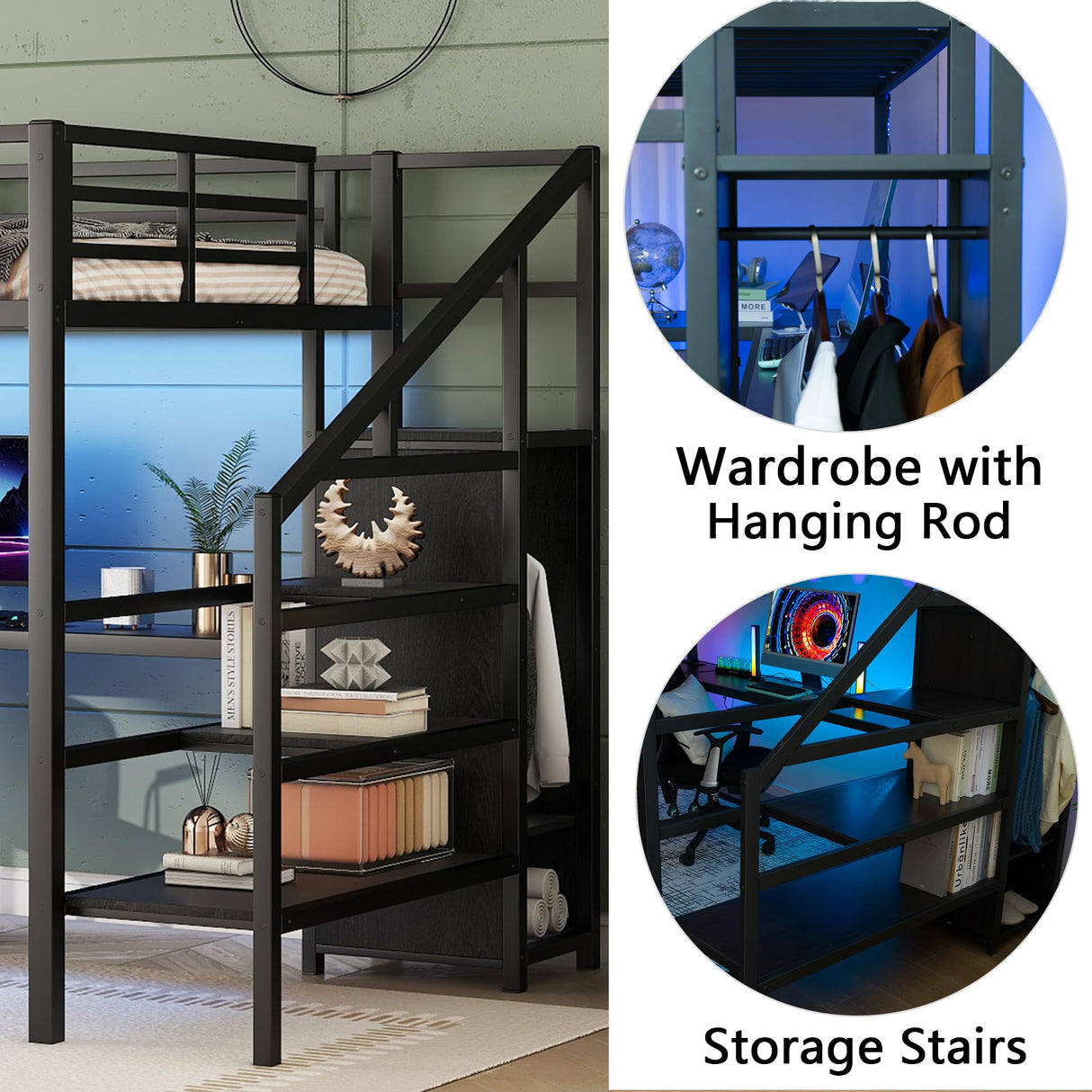 Queen Loft Bed with Stairs and Wardrobe, Queen Size Loft Bed with Desk and Storage, Metal Loft Bed with Charging Station and Light, Queen Size Loft Bed for Adults, Teens, Kids(Balck Queen) Bellemave