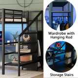Queen Loft Bed with Stairs and Wardrobe, Queen Size Loft Bed with Desk and Storage, Metal Loft Bed with Charging Station and Light, Queen Size Loft Bed for Adults, Teens, Kids(Balck Queen) Bellemave