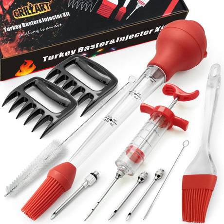 Professional Turkey Baster Meat Injector Syringe Kit, Baster for Cooking Thanksgiving & Christmas Turkey, Injector Marinades for Meats, Full Set with Basting Brush, Meat Shredder Claws, Large Capacity PrinChef