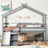 Bellemave Twin Size Kids Low Loft Bed,House Loft Bed with Slide and Ladder,Solid Wood Low Loft Bed with Safety Guardrails for Girls Boys,Grey Bellemave