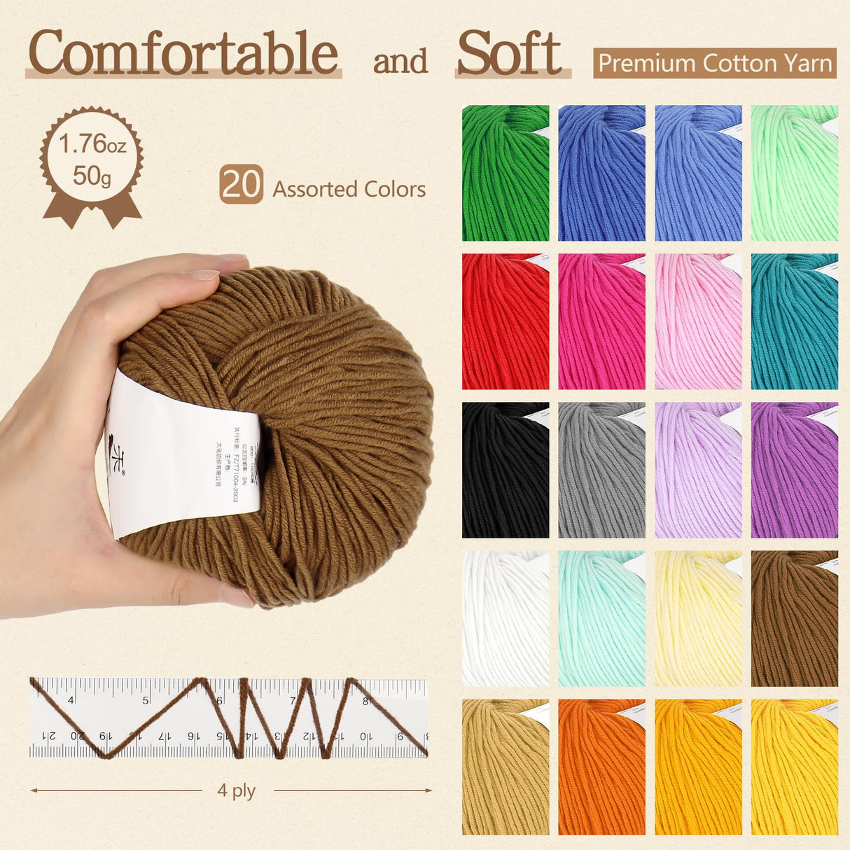 Katech 20 Skeins Cotton Yarn for Crocheting-Sport Weight Yarn 55% Cotton 45% Acrylic-Milk Cotton Yarn-Knitting/Crochet Yarn Kit Katech
