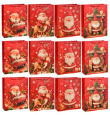 Rusikia 12 Christmas Gift Bags with 12 Tissues and 1 Satin Ribbon, Red Party Favor Bags Bulk with Handles, Glittery Cute Balls Father Christmas Paper Bag for Wrapping Holiday (Medium 10"x4"x12.6") Rusikia