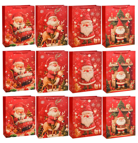 Rusikia 12 Christmas Gift Bags with 12 Tissues and 1 Satin Ribbon, Red Party Favor Bags Bulk with Handles, Glittery Cute Balls Father Christmas Paper Bag for Wrapping Holiday (Medium 10"x4"x12.6") Rusikia