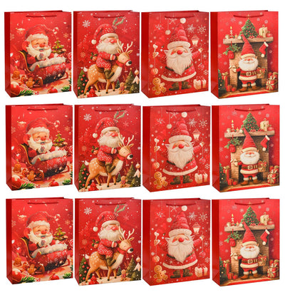 Rusikia 12 Christmas Gift Bags with 12 Tissues and 1 Satin Ribbon, Red Party Favor Bags Bulk with Handles, Glittery Cute Balls Father Christmas Paper Bag for Wrapping Holiday (Medium 10"x4"x12.6")