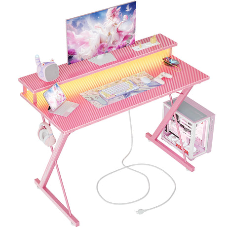 TIQLAB Gaming Desk with Power Outlets & LED 40 Inch Ergonomic Computer Carbon Fiber Surface Gamer Desk, Large Monitor Stand, Headphone Hook, PC Workstation for Bedroom, Pink Desk TIQLAB