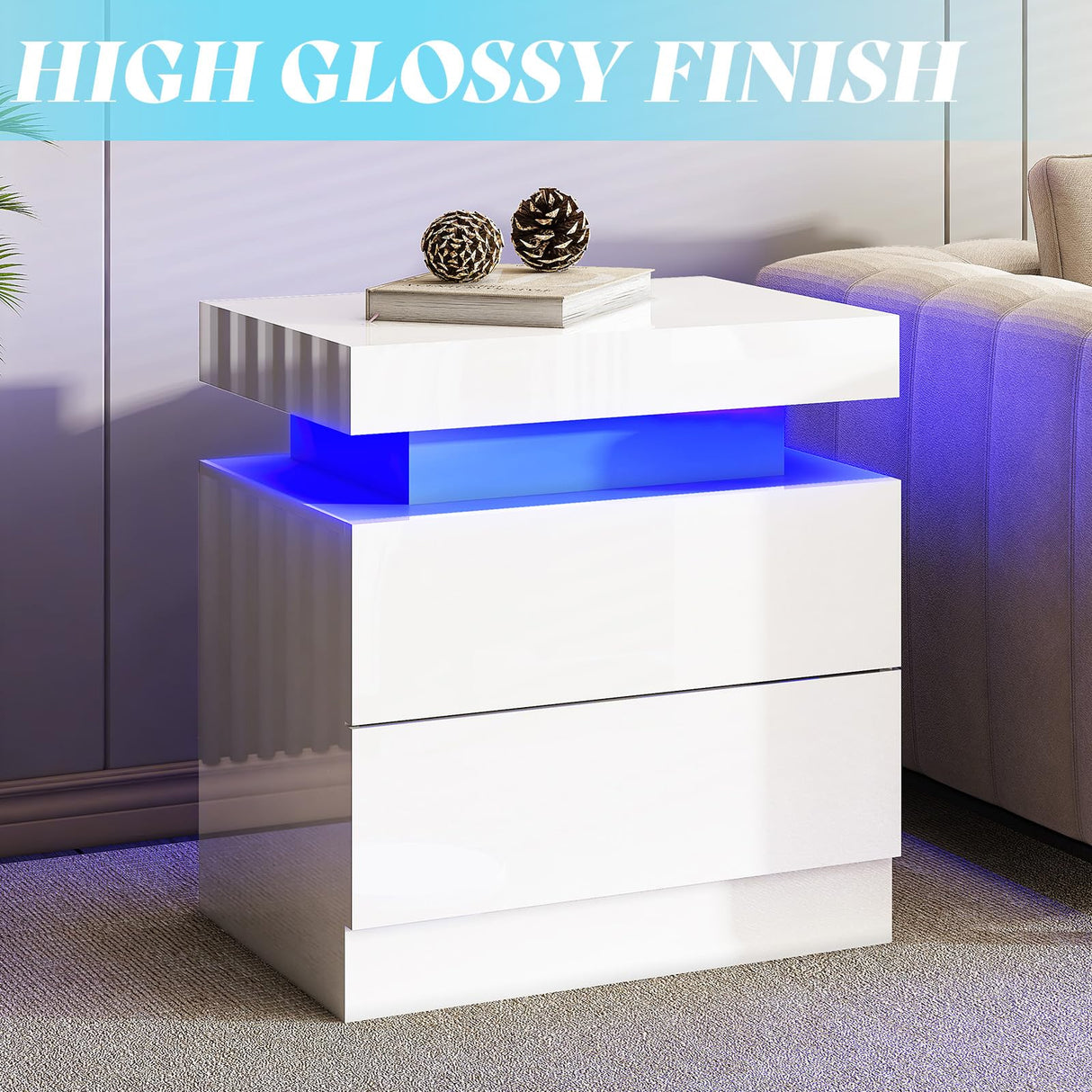 AMERLIFE High Gloss LED Nightstand Set of 2 with Charging Station, Modern Bedside Table Night Stand with LED Lights, Sofa End Side Tables with Drawers for Bedroom Living Room, White AMERLIFE