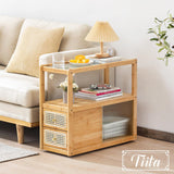 Tiita Rattan Nightstand Side Table, Bamboo Accent Bedside Tables, Glass Coffee Tables, Boho Wooden End Table with Storage for Small Space, Living Room and Bedroom Tiita