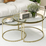 Furnivado 31.5" Nesting Coffee Table Set of 2, Round Nesting Coffee Tables with Tempered Glass Top, End Tables with Metal Frame for Living Room, Bedroom, Transparent Glass Furnivado