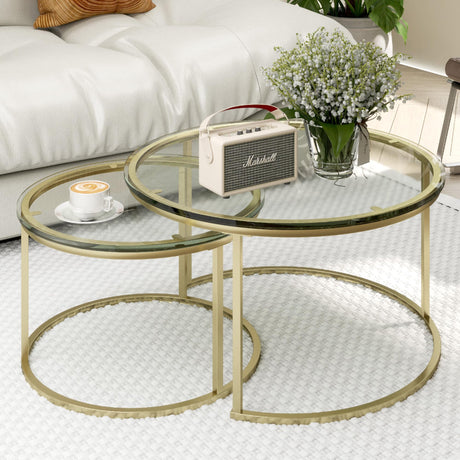 Furnivado 31.5" Nesting Coffee Table Set of 2, Round Nesting Coffee Tables with Tempered Glass Top, End Tables with Metal Frame for Living Room, Bedroom, Transparent Glass Furnivado