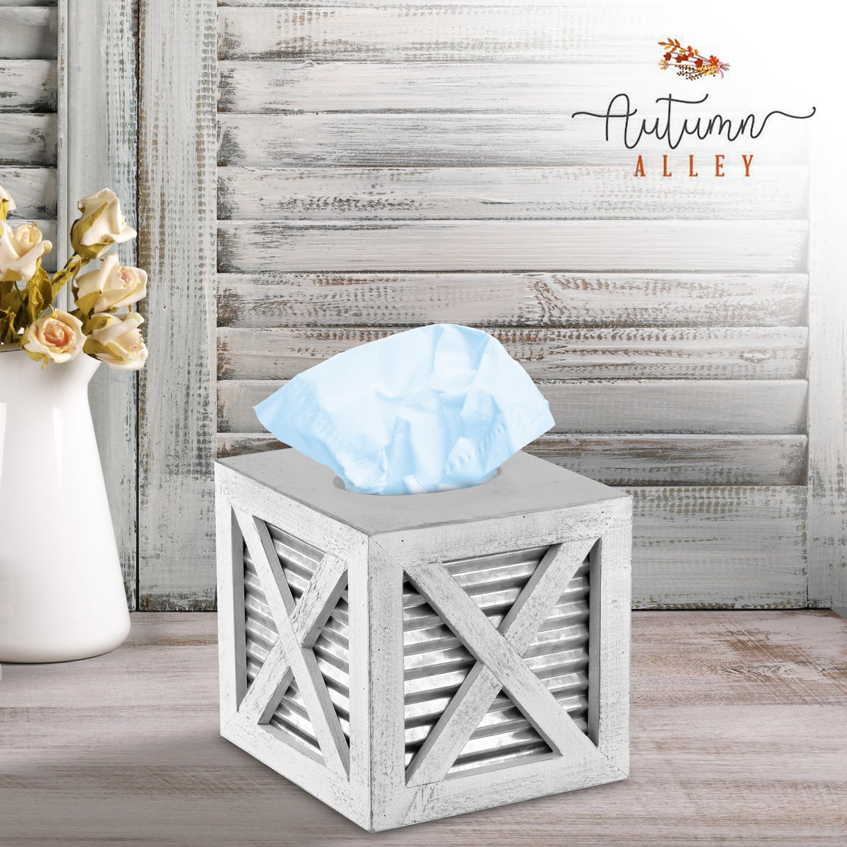 Autumn Alley Barn Door Square Farmhouse Tissue Box Cover in White and Galvanized – Farmhouse Bathroom Accessories – Rustic Bathroom Décor Tissue Holder | Wood Shabby Chic Tissue Box Cover Autumn Alley