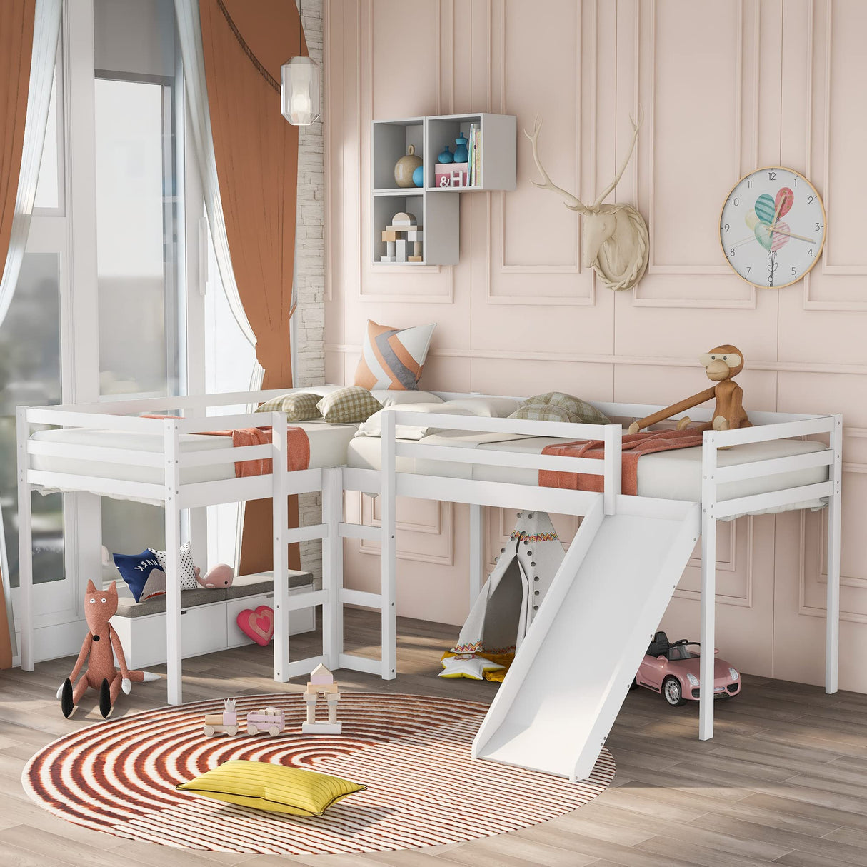 Harper & Bright Designs L-Shaped Loft Bed with Slide, Two Kids loft Bed Built-in Ladders, Wood Twin Loft Bed for Living Room Bedroom (White,Twin loft Bed) Harper & Bright Designs