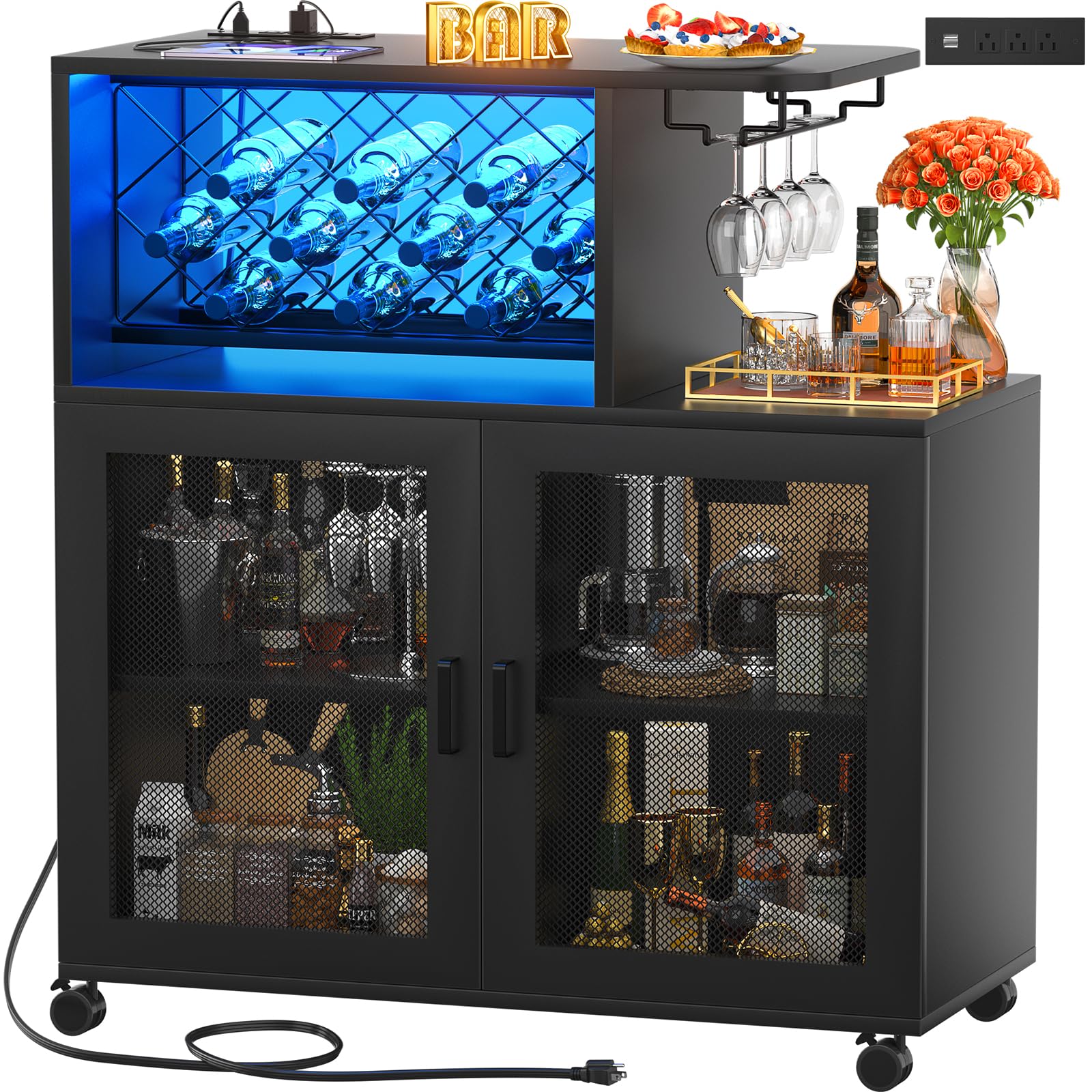 Girapow Wine Bar Cabinet with Wheels, Small Liquor Cabinet with LED Light, Home Bar Cart with Power Outlets, Coffee Bar with Wine Rack, Glasses Storage for Kitchen, Dining Room, Living Room,  - WoodArtSupply