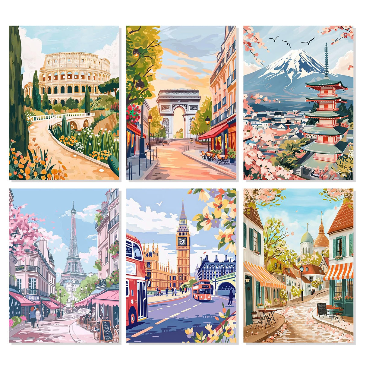 Amphol 6 Pack Paint by Numbers Kit for Adults, DIY City Landscape Paint by Numbers Kit for Beginner, Easy Painting by Number on Canvas with Brushes, Acrylic Paint, Great Gift Home Decor - 10”x14” Amphol