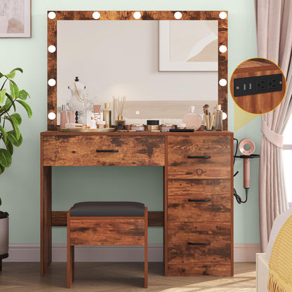 DWVO Makeup Vanity Desk with LED Lighted Mirror with 3 Color Lighting Modes, & Power Outlet, Vanity Table Set with 4 drawers, Power Outlet, Adjustable Brightness, Bedroom, Vintage Brown