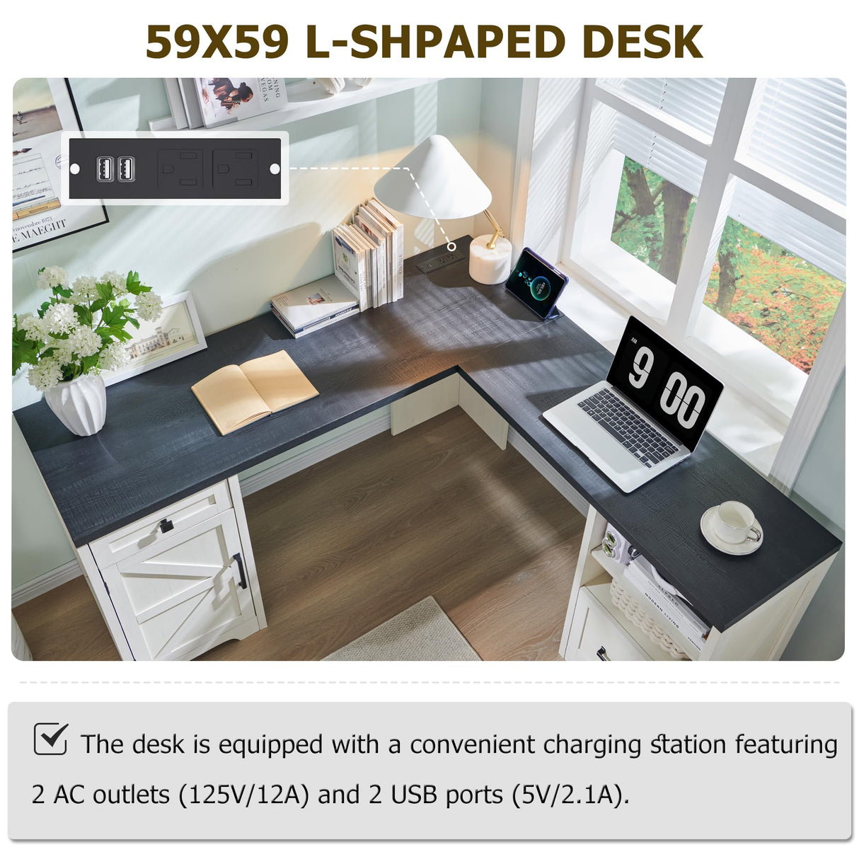 JXQTLINGMU Home Office Desk, Modern Farmhouse Computer Desk with File Cabinet Letter T4 F4 Legal, Study Writing Desk, 59 Inch, Off White JXQTLINGMU