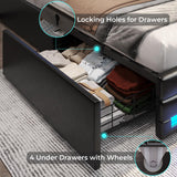 Elegant ADORNEVE Queen Bed Frame with LED Lights, Leather Platform and Storage Drawers, Adjustable Headboard, No Box Spring Needed - Black ADORNEVE