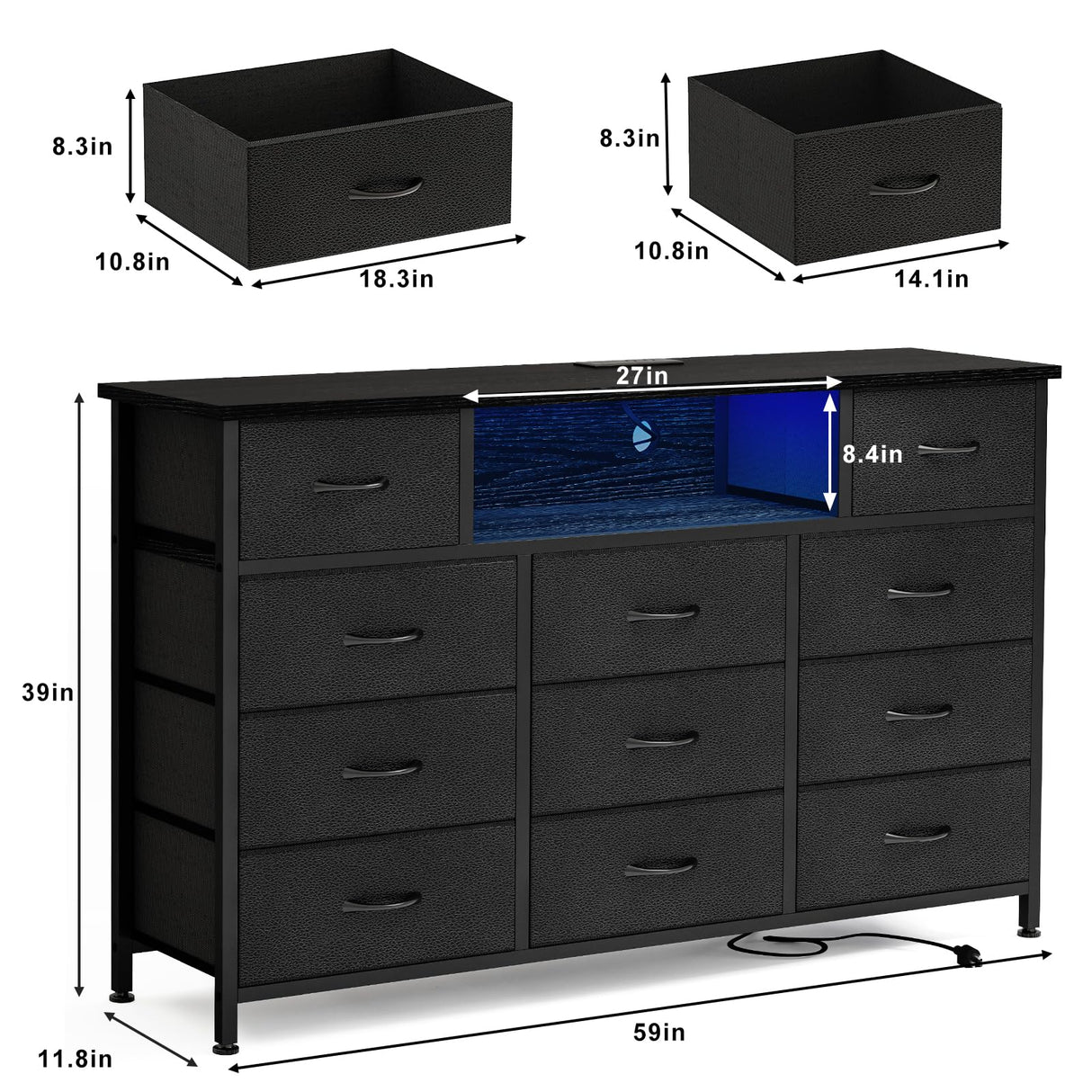 YGEOMER 59in Long Black Dresser for Bedroom TV Stand with Charging Station and LED Lights, Black Dresser with 11 Drawers, Fabric Chest of Drawers with PU Finish for Bedroom, Entryway YGEOMER