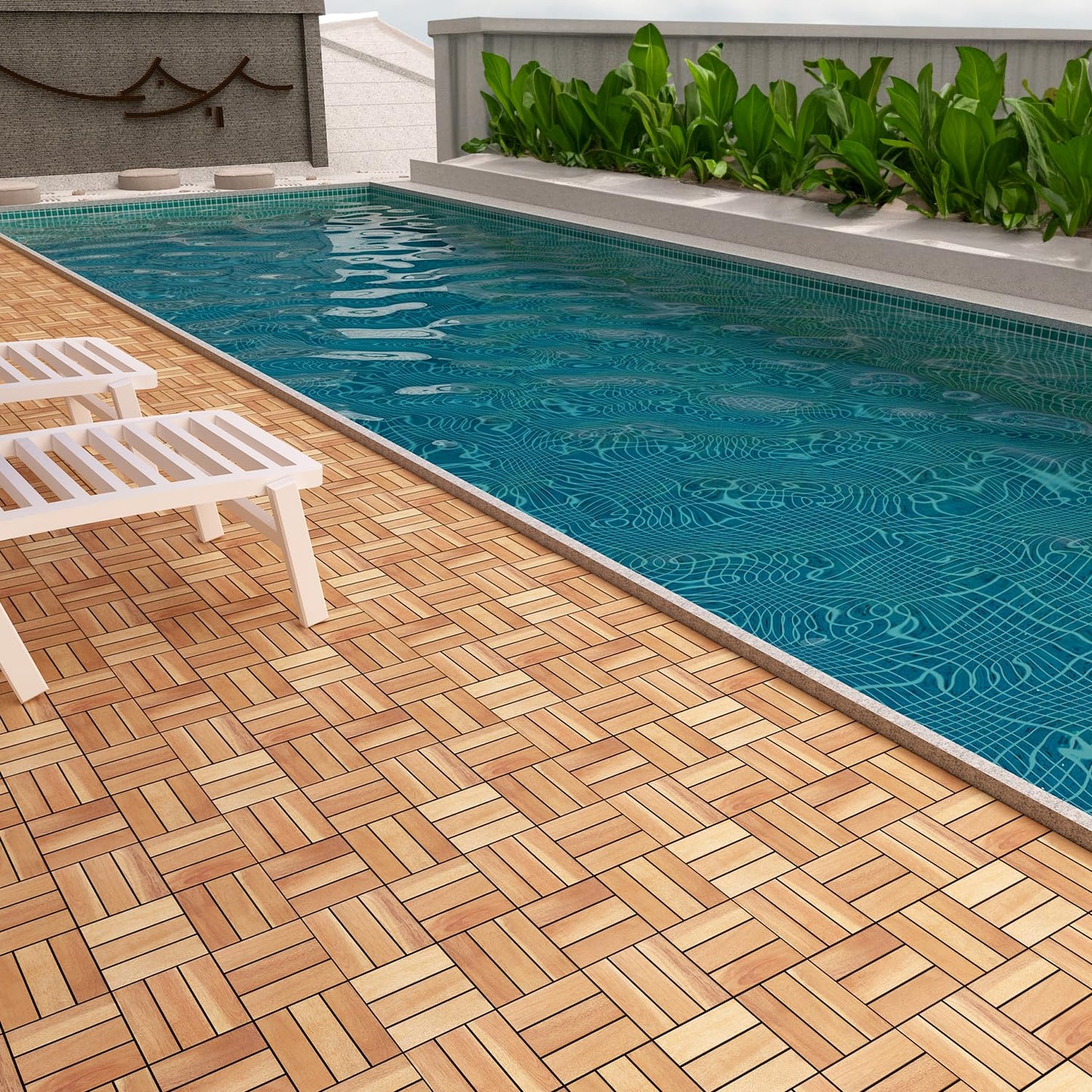 TimberWave Pack of 10 Deck Tiles, Solid Acacia Wood Floor Tiles, Patio Tiles Outdoor Interlocking Waterproof All Weather (12"x12" - 12 Slat, Golden Teak, 10)