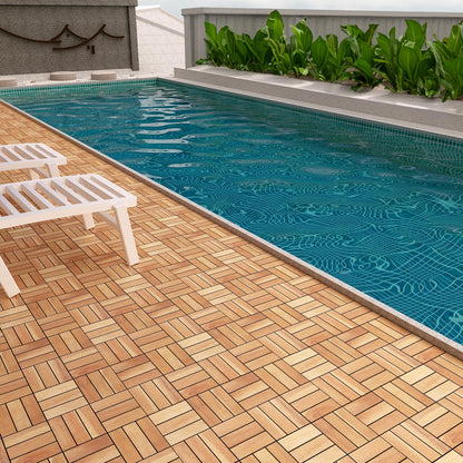 TimberWave Pack of 10 Deck Tiles, Solid Acacia Wood Floor Tiles, Patio Tiles Outdoor Interlocking Waterproof All Weather (12"x12" - 12 Slat, Golden Teak, 10)