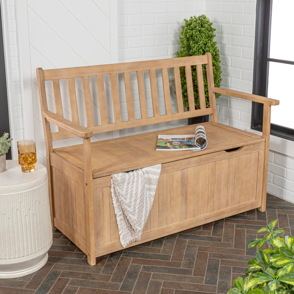 happimess STB1000A Sophie 48" Traditional Farmhouse Lift-Top Acacia Wood Storage & Entry Bench, Light Teak Matte Finish, with Seating & Armrest for Patio, Garden, Porch, Backyard, Poolside happimess