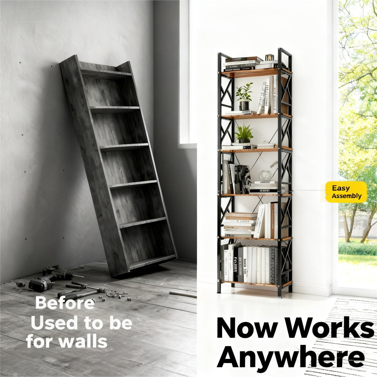 72"H 5-Tier Bookshelf: MDF Wood & Steel Shelves with 500lbs,Tall Narrow Adjustable-Shelf Bookcase.Bookshelves Storage Organizer, Industrial Display Standing Shelf Unit for Living Room/bedroom/Office FREGREE