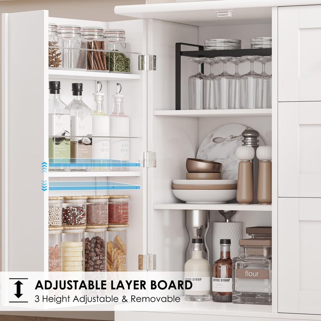 BOTLOG 68" Tall Kitchen Pantry Cabinet with Microwave Stand, Kitchen Hutch Cabinet with Door Shelves, Farmhouse Freestanding Food Pantry for Living Room, Dining Room, White BOTLOG