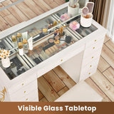 Pamapic Glass Top Vanity Desk with Crystal Handles, 11 Drawers Makeup Vanity with Mirror and Stool, 3 Lighting Modes Dressing Table, Power Outlet, Silent Slides, White Pamapic