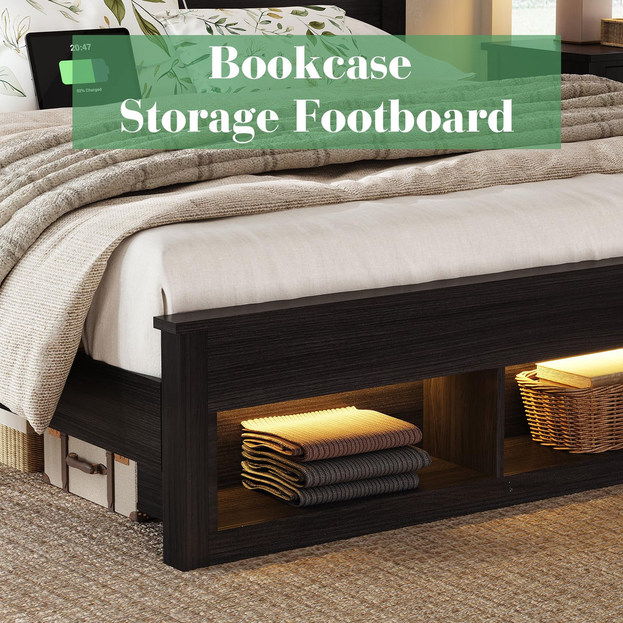 Albott King Size Farmhouse Bed Frame with Storage Bookcase Headboard and Footboard, Storage Wood Platform Bed Frame with Wood Slats Support, Noiseless LED Bed Frame, No Box Spring Needed, Black Albott