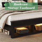 Albott King Size Farmhouse Bed Frame with Storage Bookcase Headboard and Footboard, Storage Wood Platform Bed Frame with Wood Slats Support, Noiseless LED Bed Frame, No Box Spring Needed, Black Albott