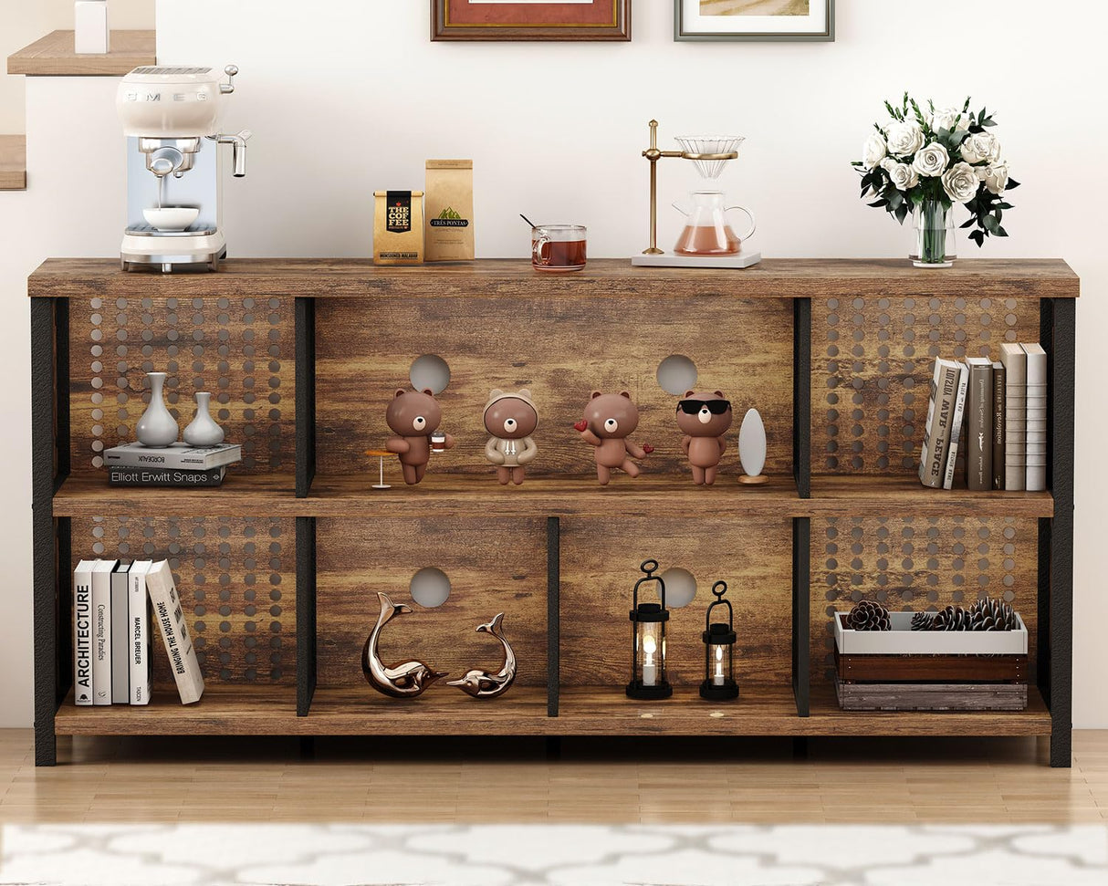 LVB Rustic Horizontal Bookshelf, Industrial Bookcase Cube Storage Organizer, Wide Large Metal Wooden Office Cube Shelf, Farmhouse Low Long Book Shelf for Home Bedroom Living Room, Rustic Brown, 63 in LVB