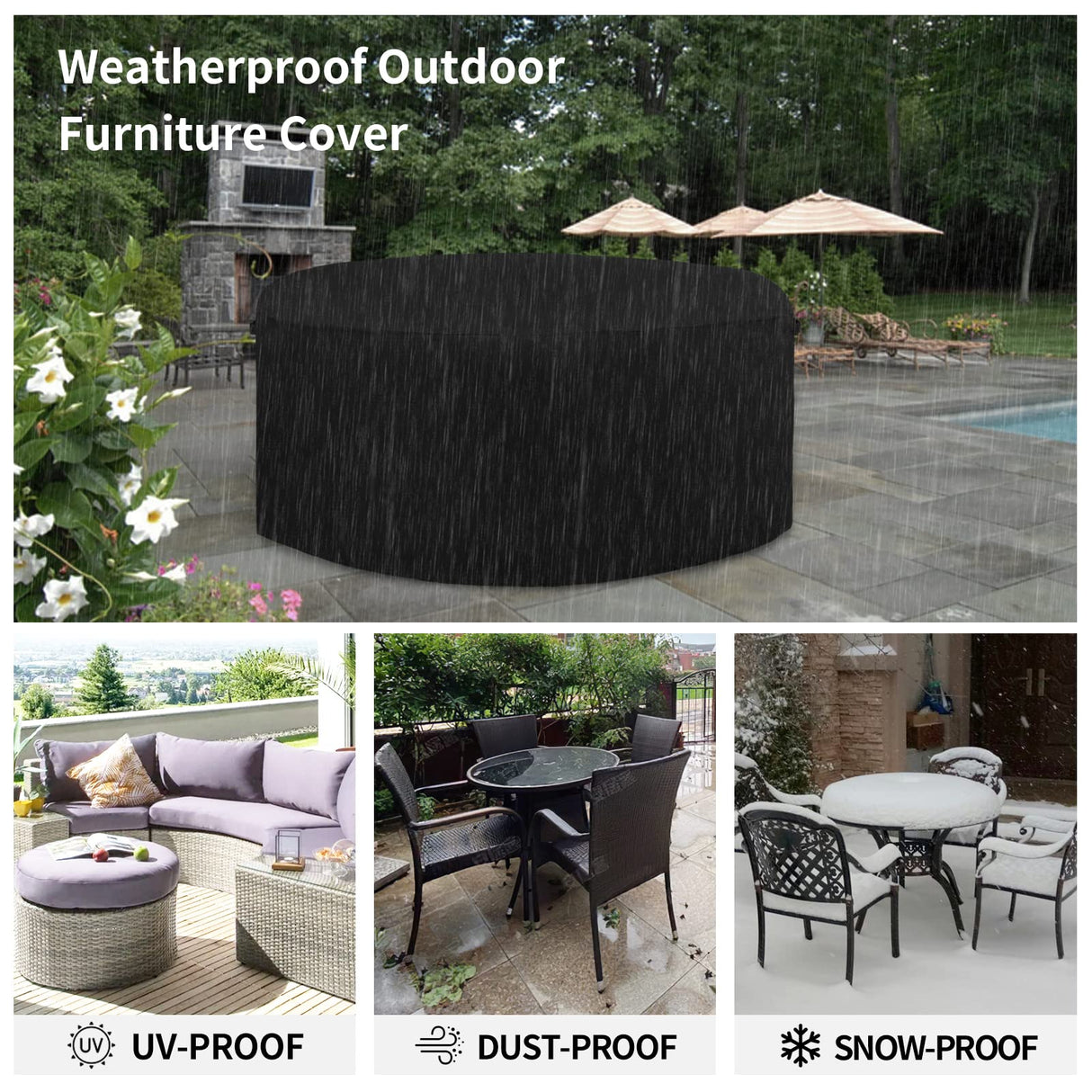 Easy-Going 600D Heavy Duty Round Patio Furniture Cover, Outdoor Table and Chair Set Cover, Waterproof Outdoor Sectional Furniture Set Cover (62" DIAx 28" H, Black) Easy-Going