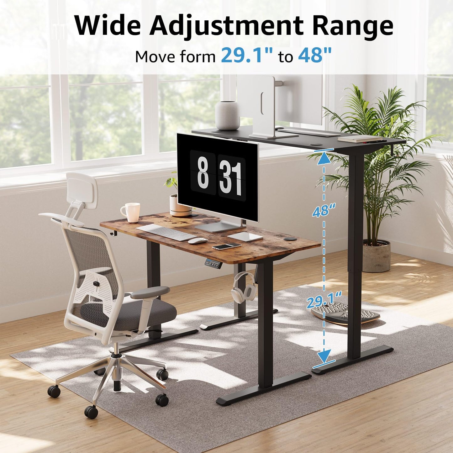 MOUNTUP Height Adjustable Electric Standing Desk Whole-Piece, 48 x 24 Inches Quick Assembly Sit Stand Desk, Stand Up Desk with Memory Controller, - WoodArtSupply