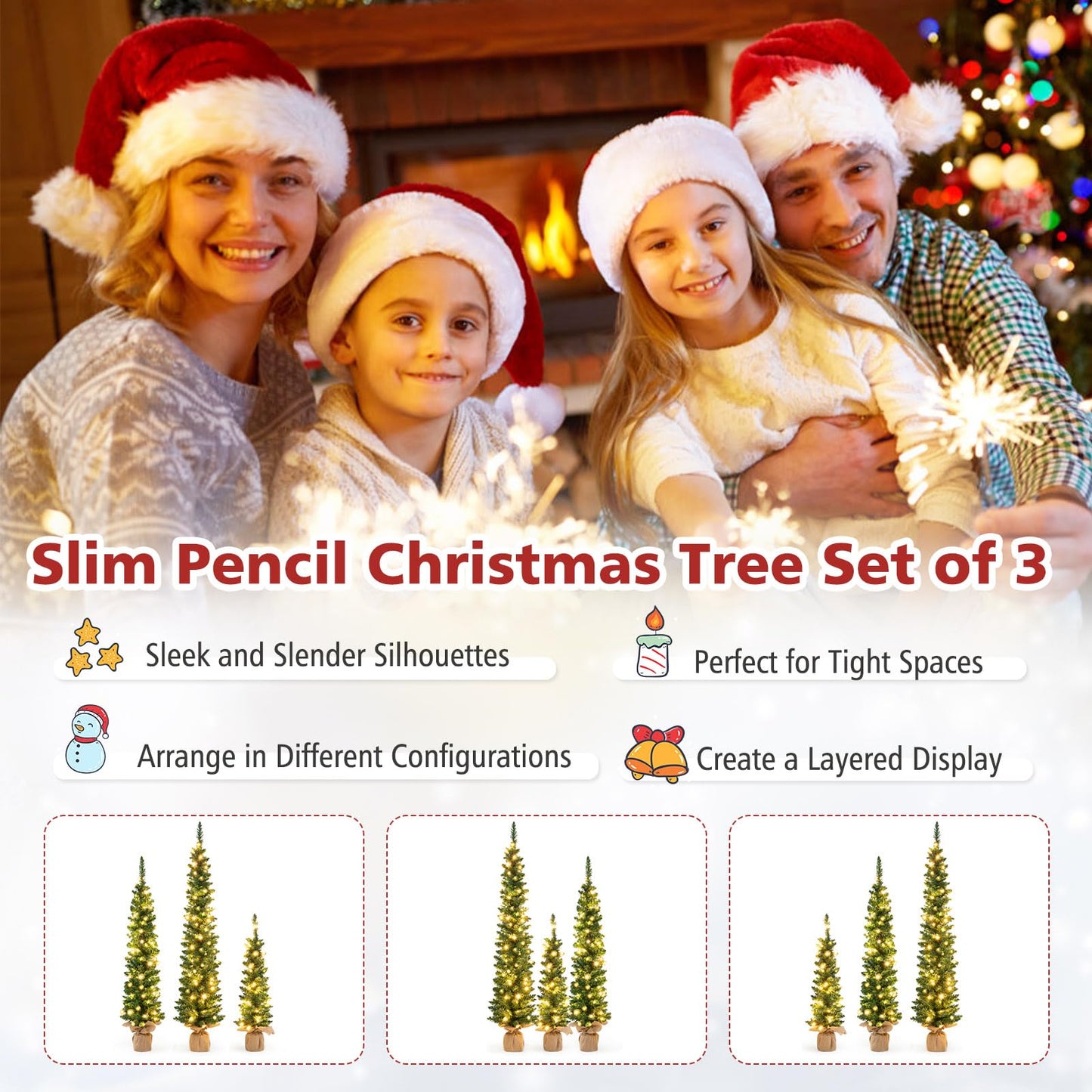 Goplus 3' 4' 5' Pre-Lit Artificial Christmas Tree Set of 3, Slim Pencil Xmas Trees with 415 Green Branch Tips, 230 Warm White LED Lights, Burlap Base, for Holiday Party Seasonal Office Home Decor