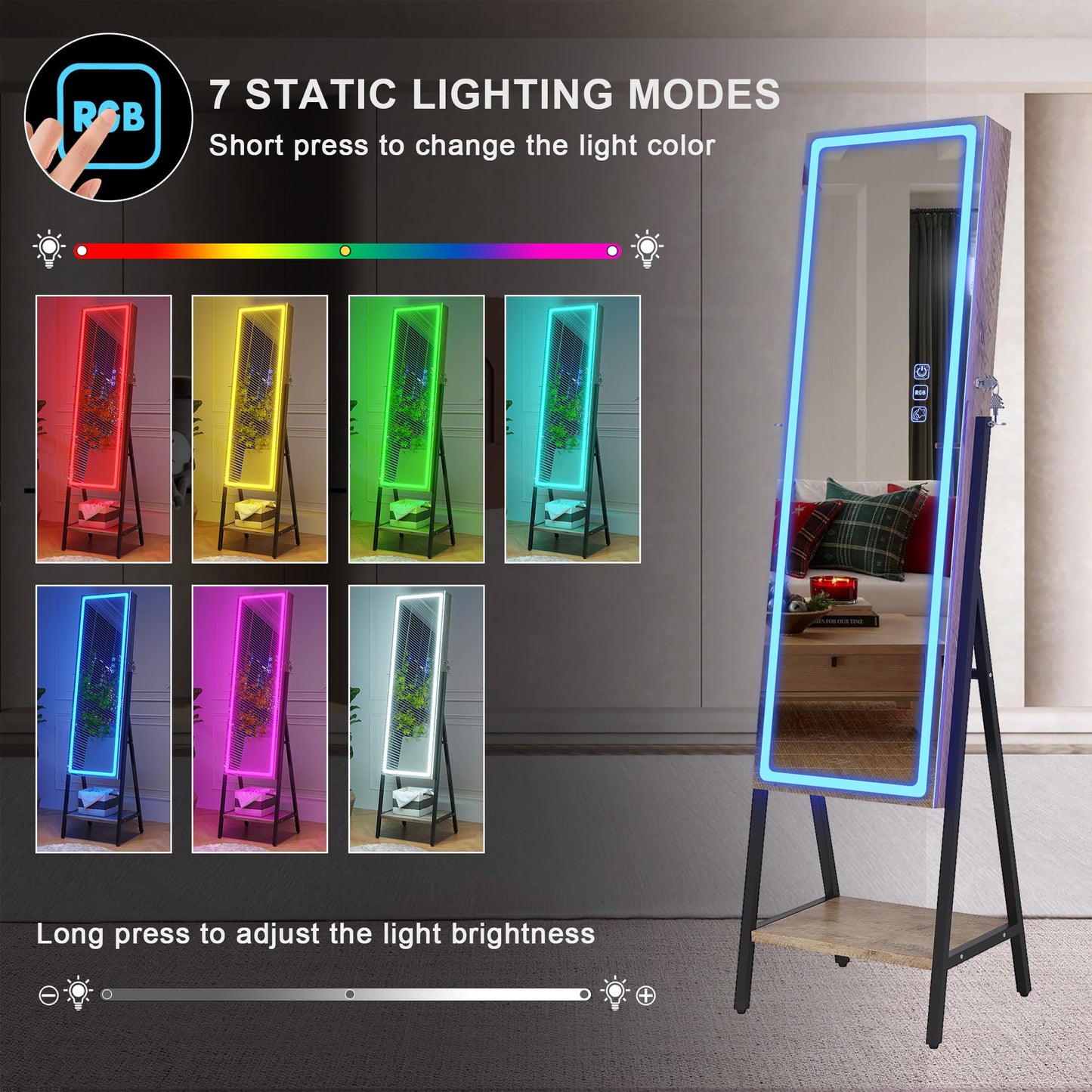 HNEBC RGB LED Mirror Jewelry Cabinet,Standing Jewelry Armoire Organizer Full Length Mirror with Storage, Lockable Jewelry Mirror for Women's Christmas Gift, 14 Lighting Modes (RGB-Wood) - WoodArtSupply