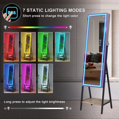 HNEBC RGB LED Mirror Jewelry Cabinet,Standing Jewelry Armoire Organizer Full Length Mirror with Storage, Lockable Jewelry Mirror for Women's Christmas Gift, 14 Lighting Modes (RGB-Wood) - WoodArtSupply