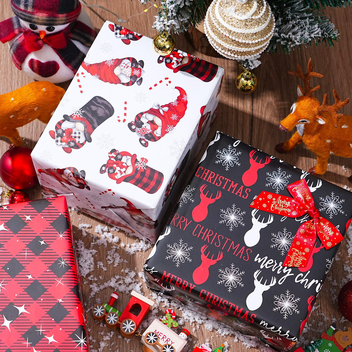 ZINTBIAL Christmas Wrapping Paper for Kids Adults - Xmas Wrapping Paper with Red/Black Plaid, Reindeer, Gnome, “Ho Ho” Words - 28 x 40 Inches, 6 Jumbo Sheets, Easy to Store ZINTBIAL