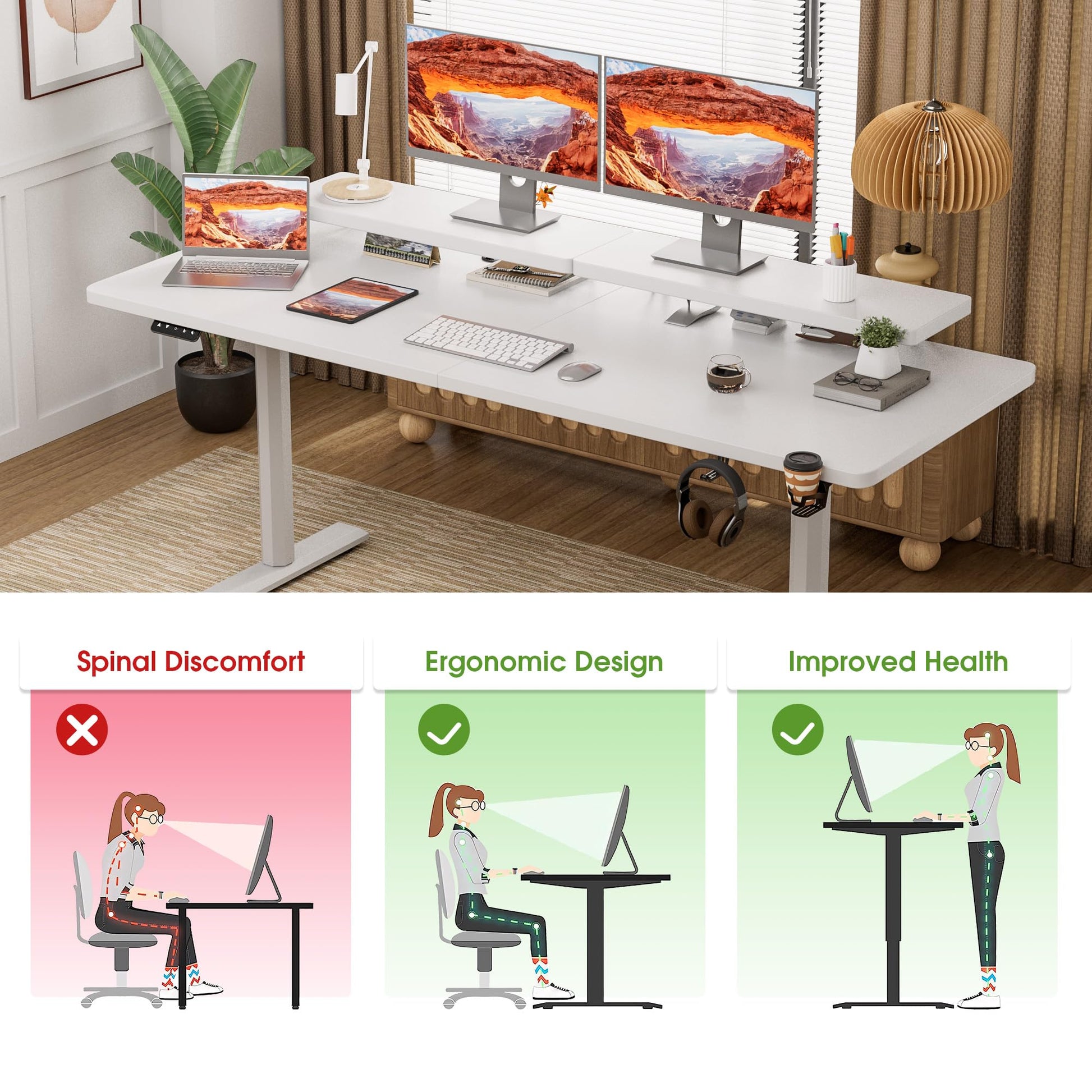 Shahoo Electric Standing Desk with Monitor Shelf, 63 x 27 Inches Height Adjustable Corner Table, Computer Workstation with Cup Holder and Hook for Home Office, White, 63x27 Inch - WoodArtSupply