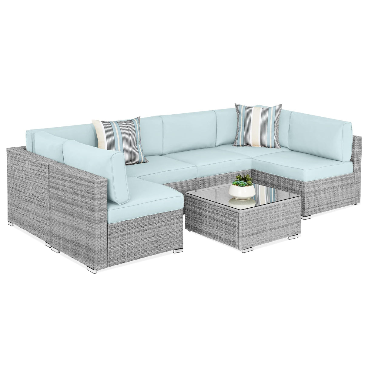 Best Choice Products 7-Piece Modular Outdoor Sectional Wicker Patio Conversation Set w/ 2 Pillows, Coffee Table, Cover Included - Gray/Pastel Blue Best Choice Products