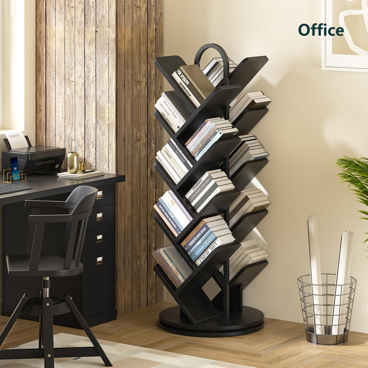 TVU 18-Tier Tree Rotating Bookshelf, 360 Degree Spinning Standing Bookcase for Magazines DVDs Books, Corner Bookcase for Living Room Bedroom Study (Black) TVU