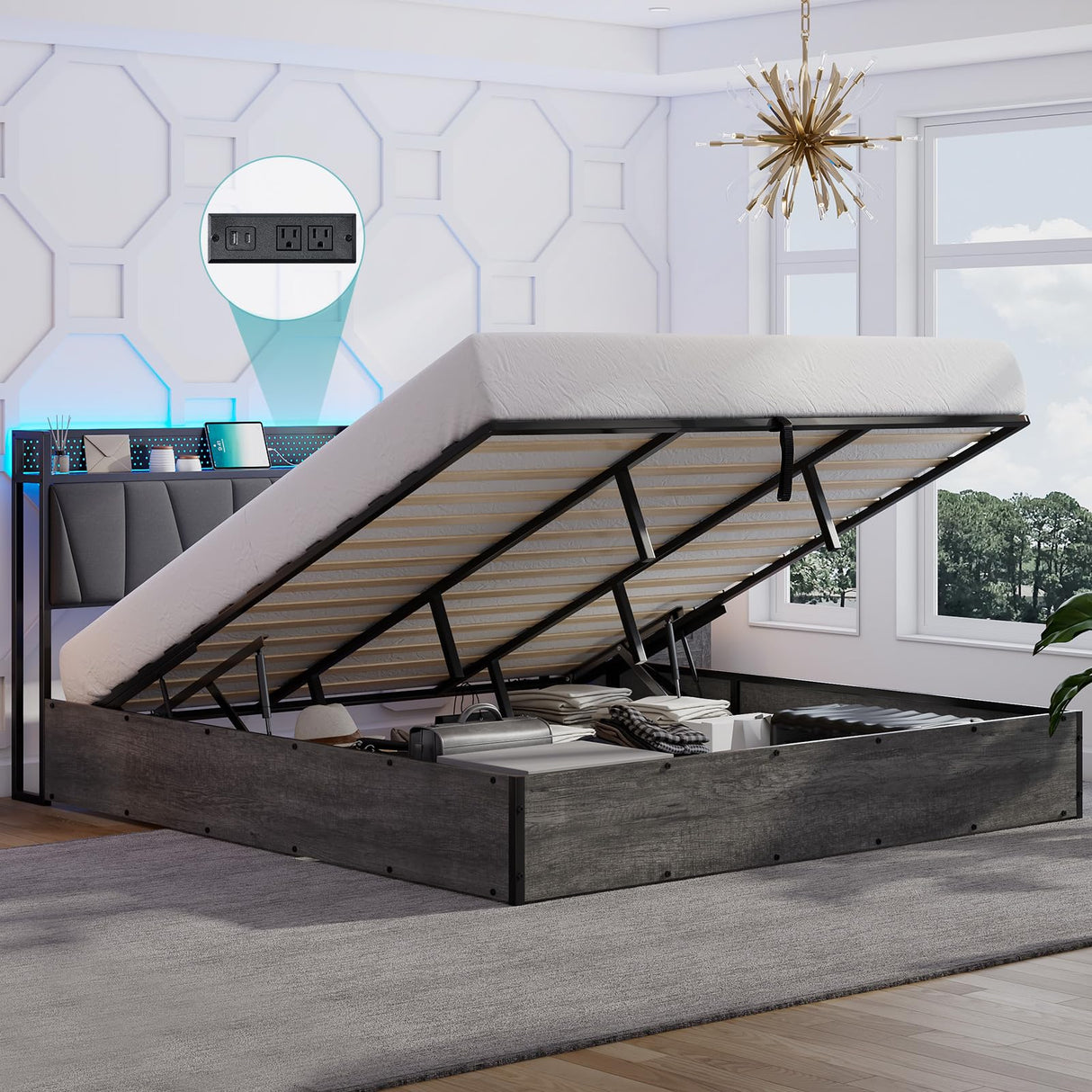 LUXOAK King Size Lift Up Storage Bed Frame with LED Lights, Linen Upholstered Headboard with Charging Station, Wooden LED Light Platform Bed Frame, No Spring Box Needed, Rustic Grey LUXOAK