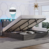 LUXOAK King Size Lift Up Storage Bed Frame with LED Lights, Linen Upholstered Headboard with Charging Station, Wooden LED Light Platform Bed Frame, No Spring Box Needed, Rustic Grey LUXOAK