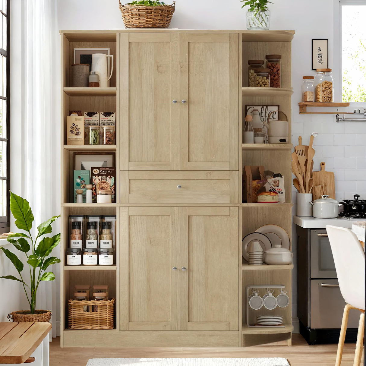 FACBOTALL 71" Tall Pantry Cabinet with Storage, 47'' Wide Freestanding Kitchen Cabinet with Doors & Shelves, Buffet Sideboard with Drawer, Cupboard for Kitchen, Dining Room, Utility Room, Light Oak FACBOTALL