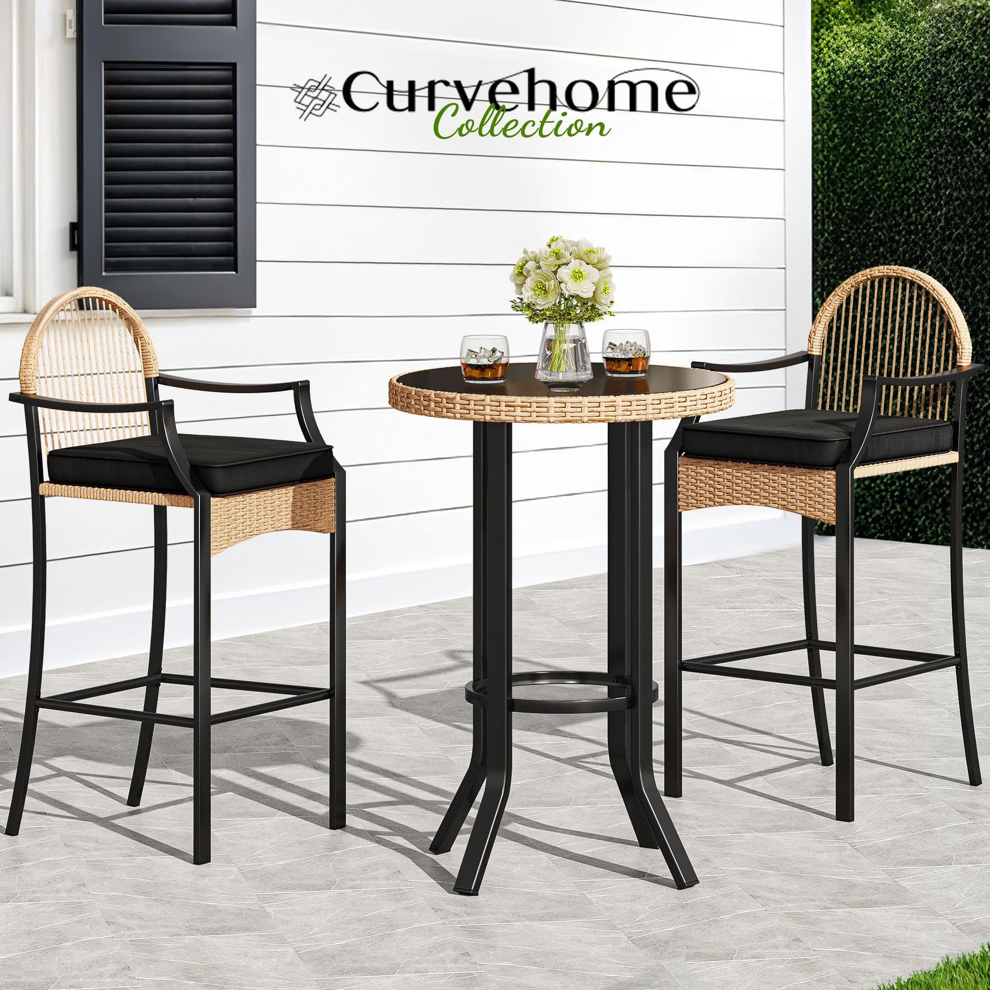 YITAHOME 3-Piece Outdoor Wicker Bar Height Set with Cushioned Barstools, Patio Bistro Furniture for Balcony and Poolside, Black+Light Yellow - WoodArtSupply