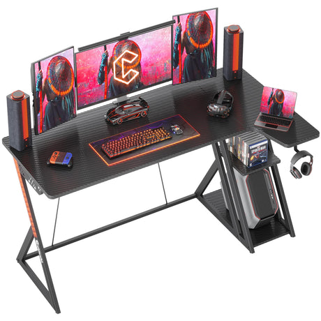 CubiCubi Aurora Gaming Desk with Carbon Fiber Surface, 55 Inch L Shaped Desk with Storage Shelves, Small Corner Computer Desk with Monitor Shelf, Gamer Desk PC Table, Black CubiCubi